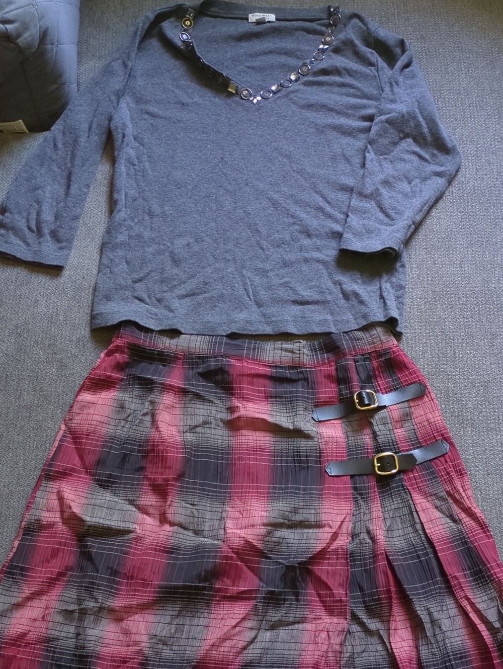 Gray Embellished V-Neck Top with Plaid Skirt
